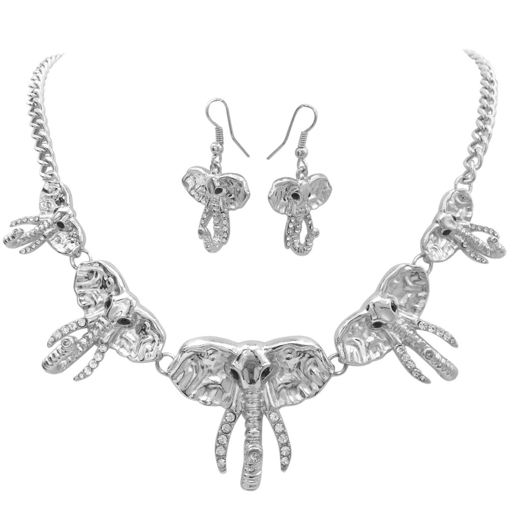 5 Elephant Head Silver Statement Necklace Earrings Set